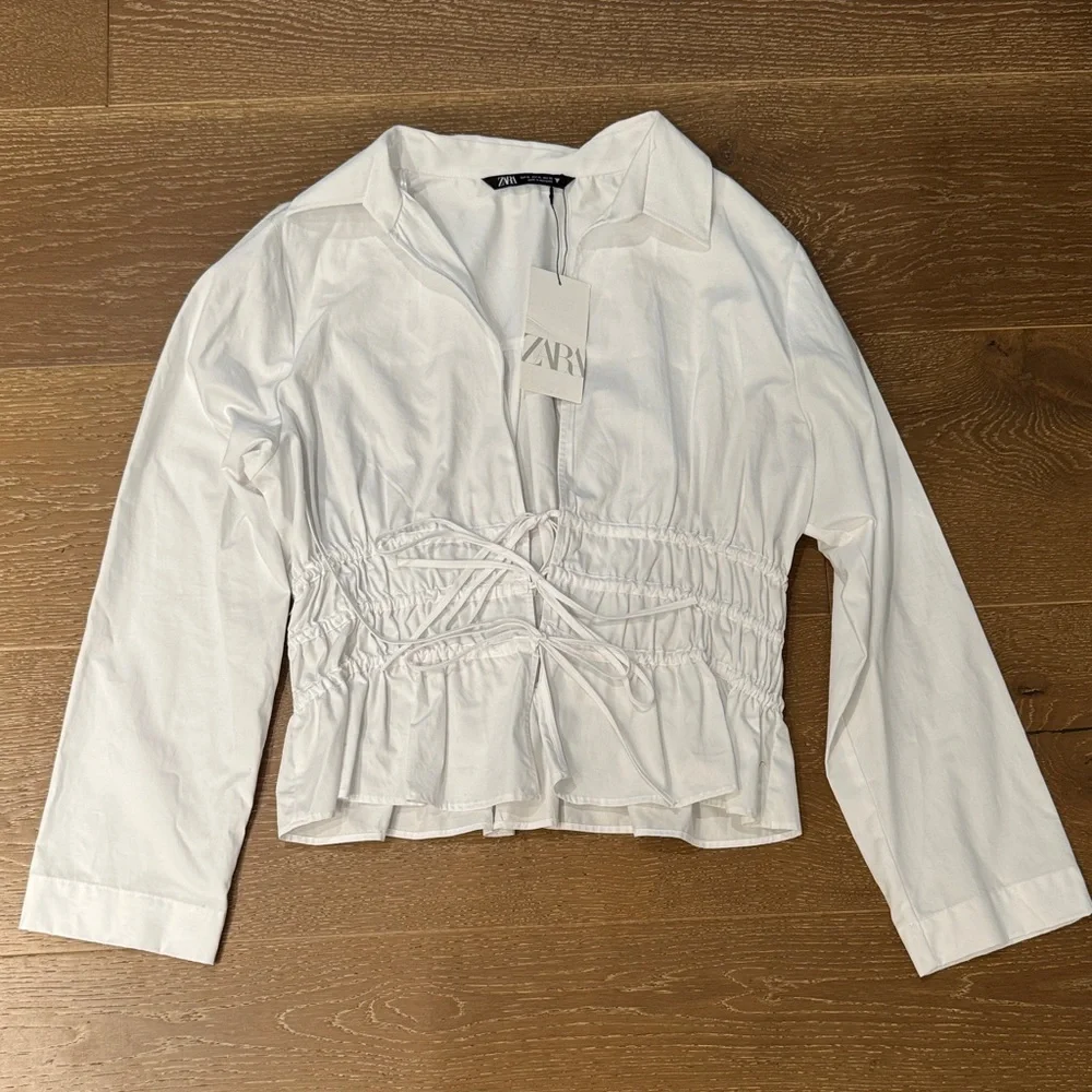 ZARA White Ruched Tie Front Blouse Peplum Top NWT size XL - Picture 2 of 4